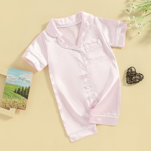 BULINGNA Infant Baby Girl Boy Summer One Piece Pajamas Jumpsuit Short Sleeve Button Down Satin Silk Pjs Sleepwear Onesie3