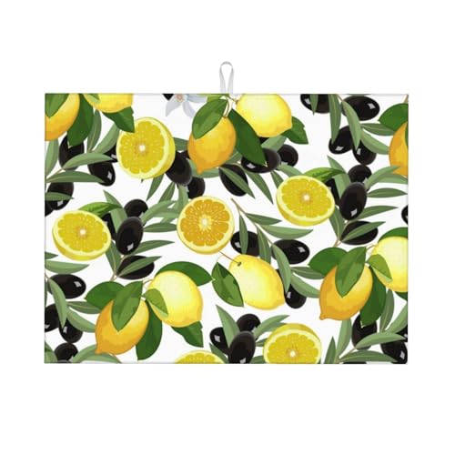 台所水切りマットレモンとオリーブ 速乾吸水マット 食器乾燥マット 丸めて収納 皿置き 速乾性 耐油性 抗菌 消臭 お手入れ簡単 大判 衛生 防カビ 丸めて収納 滑り止め 棚シート46*61cm