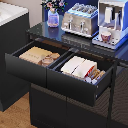 DWVO 71''Tall Kitchen Pantry Storage Cabinet, Modern Kitchen Buffet Hutch Cabinet with Power Outlet, Large Food Pantry Cabinets with Doors and Shelves, Wine Rack for Dining Room, Black