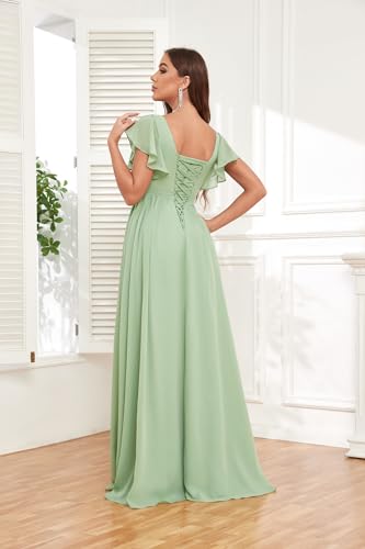 Long Bridesmaid Dresses for Women V Neck Short Sleeve Leg Slit A Line Corset Back Chiffon Maid of Honor Dress3