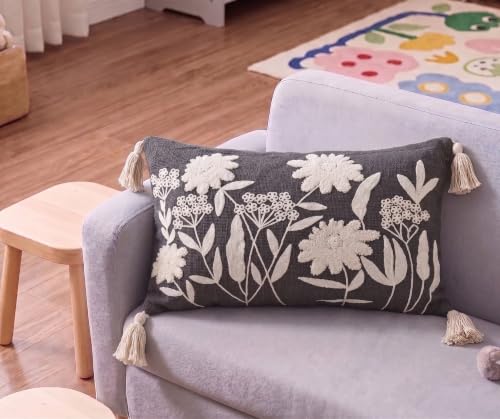 Image of Furnistitchs Boho Rectangle Cushion Cover 12x20 inches | Handmade Decorative Throw Pillow Case | Bohemian Home Decor Sofa Bed Cushion Cover Living Room Bedroom (2, Grey Floret, 12x20 inches)