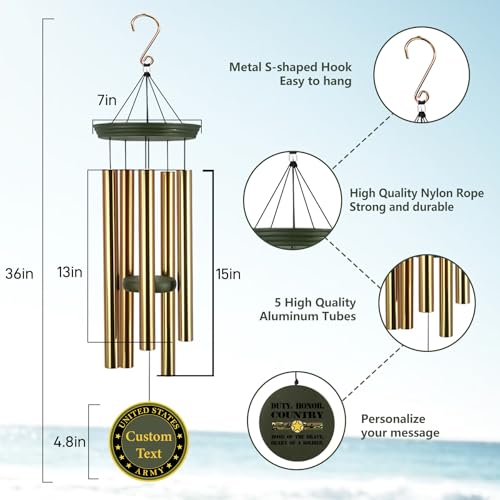 Image of Deep Tone Wind Chimes for Army Soldiers Memory Gifts, Personalized Name /Date /Text Wind Chimes for US Military, Sympathy Gifts for Veteran, Veterans Day Gift(Produced in Texas)