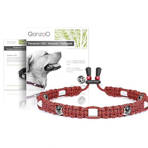 Ganzoo EM Keramik Hunde-Halsband/Paracord 550 Halsband mit Zier-Perlen und EM Tubes/EM Pipes/Größe XS 26-32 cm/Dog Collar/verstellbar mit Kordelstopper/Farbe Diamant Rubin