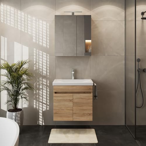 Planetmöbel Waschbecken mit Unterschrank inkl. Keramikwaschbecken 63 x 60 x 36,5 cm, Spiegelschrank 60 cm mit LED-Leuchte (Chrom) & Steckdose, modernes Badmöbel Set, Sonoma Eiche Planetmöbel Waschbecken mit Unterschrank inkl. Keramikwaschbecken 63 x 60 x 36,5 cm, Spiegelschrank 60 cm mit LED-Leuchte (Chrom) & Steckdose, modernes Badmöbel Set, Sonoma Eiche