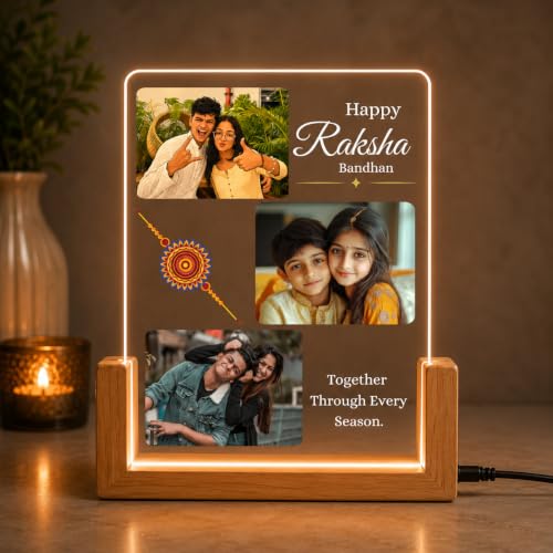 Image of Personalized Raksha Bandhan Acrylic LED Lamp with Custom Photo (Design 3) | Night Light, Brother Sister, Free Rakhi Included, Custom Photo