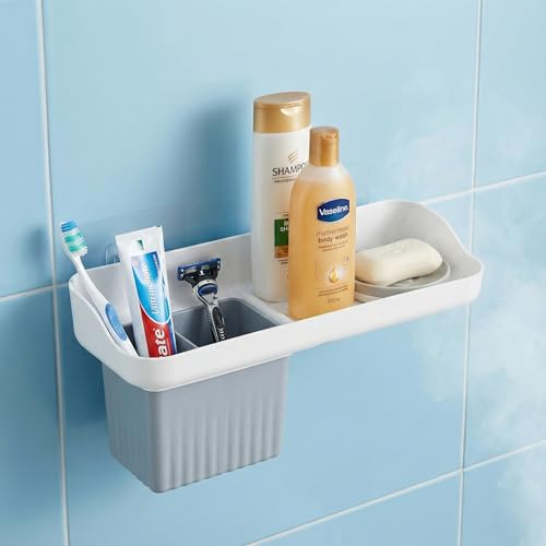 Image of HAPPI Soap Stand for Bathroom - Self-Adhesive Wall-Mounted Soap Case with Glass Tumbler, Tooth Brush Holder & Bottle Space Shelf Tray, Soap Dish Holder for Bathroom Organizer (White /Grey)