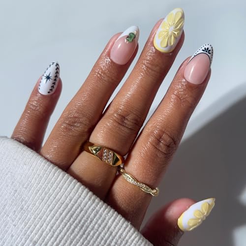 Glamnetic Press On Nails - Short Almond Fake Nails in Bright Orange with Olives Lemons & Ceramic Designs Salon Quality Summer Nails | Aperitivo Hour | 15 Sizes - 30 Nail Kit with Glue