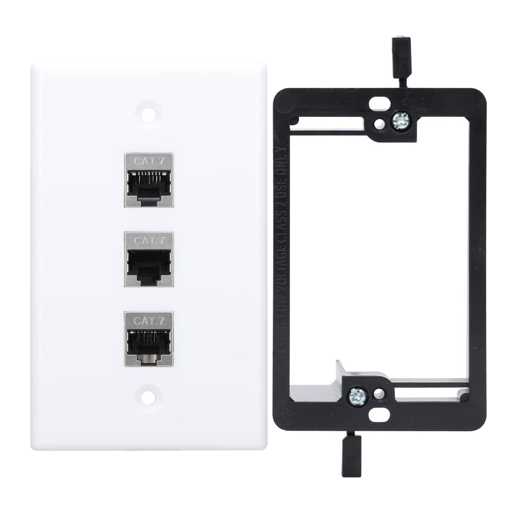 3-portowa płyta ścienna RJ45, 1 x przycisk Cat7 Keystone ze złączem żeńskim do żeńskim i uchwytem na płytę ścienną do systemu kablowego Ethernet (biała, 1 opakowanie)