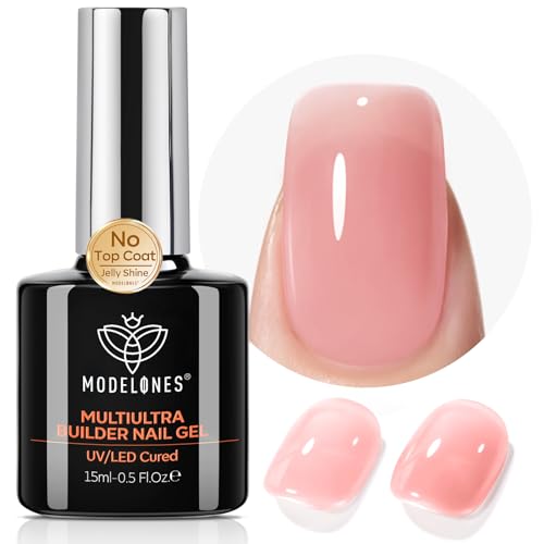 Image of modelones Builder Nail Gel, Peach Pink Builder for Nails No Top Coat Needed, Glossy Jelly Finish Peach Blush, No-Wipe, C-Curve Sculpting, 9-in-One LED Lamp Cured Color Gel Polish for Quick Diy Salon
