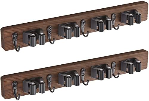 OUTNILI 2 Pack Mop Broom Holder Wall Mount - Wood Broom Mop Hanger - Wall Mounted Garden Tool Rack Organizer for Closet Garage Laundry Room Farmhouse Rustic Kitchen Decor with 4 Slots & 4 Hooks