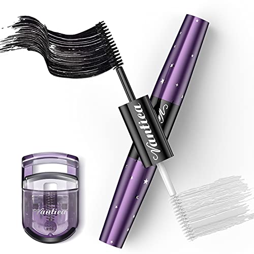 VANTICA [2 Pack] Double-end Mascara & Lash Enhance Primer - Waterproof Mascara Black Volume and Length, 4D Silk Fiber Thick Lengthening Mascara & Nourishing Lash Primer 2 in 1 [with Lash Curler Gift]
