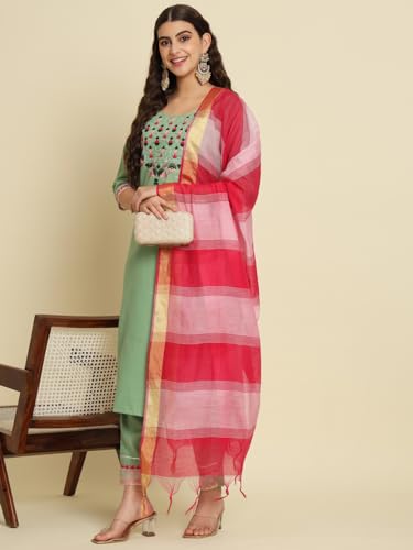 Image of VredeVogel Women's Cotton Blend Kurta Pant Set with Chanderi Silk Dupatta