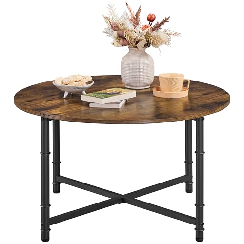 Yaheetech Tavolino da Caffè Rotondo Tavolino da Salotto in Legno Struttura in Metallo con Piedini Regolabili Tavolo Industriale per Camera da Letto Balcone Soggiorno Marrone