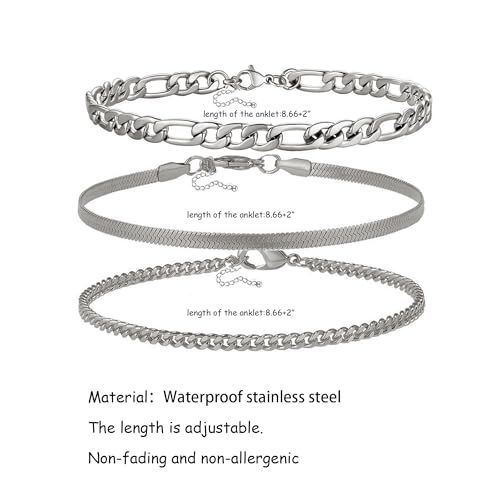 Image of Silver Ankle Bracelets for Women Waterproof Stainless Steel Anklet Adjustable Layered Cuban Silver Anklets Set Summer Beach Foot Jewelry Gift