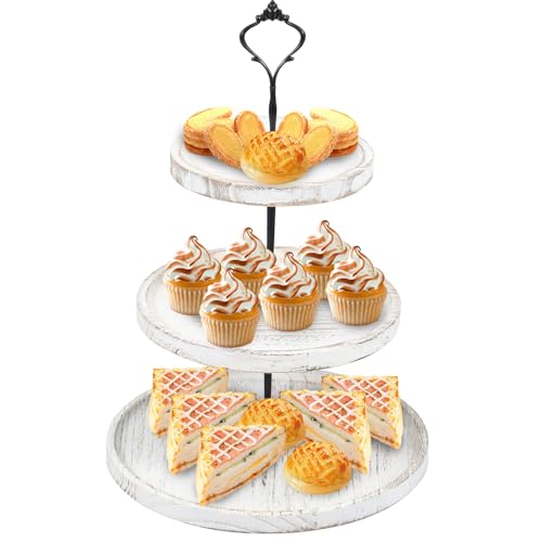 3 Tiers Cake Display Stand, Wooden Afternoon Tea Stands, Round Cup Cake Fruit Dessert Party Server Plates Stands, Food Serving Platter Stand with Metal Handle for Party Birthday Wedding (Old white)
