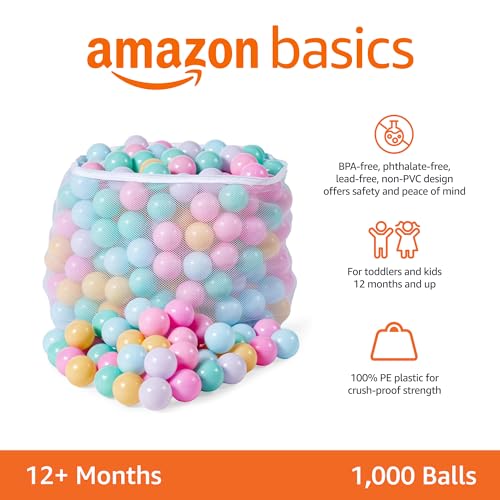 Image of Amazon Basics BPA-Free Ball Pit Balls with Storage Bag, Crush-Proof Plastic for Toddlers Kids 12+ Months Play, 6 Pastel Colors, 1000 Count