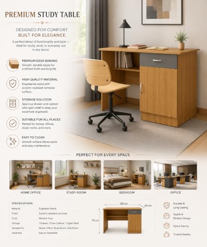 Image of Engineered Wood Study & Office Table 120x60x75cm | Matte Finish | Free Standing Compact Computer Desk with Drawer & Cabinet | 1 Year Warranty | Brown Finish - Urban Teak