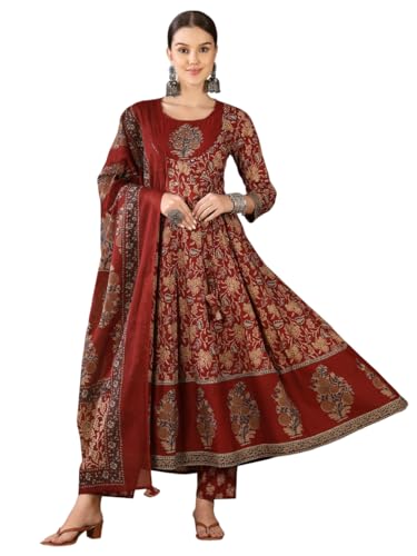 Gudwear Floral Printed Anarkali Pure Cotton Kurta Set with Palazzos and Dupatta | Ethnic Wear for Women Deal