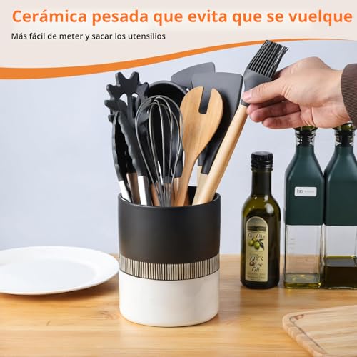 Miniatura 3 de Toski Porta Cubiertos De Ceramica Grande, 13,2 X 15,9 Cm Bote Utensilios Cocina, Porta Utensilios Für Encimera Cocina Minimalista, Kitchen Utensil Holder Con Rayas Doradas, Blanco Y Negro