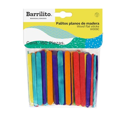 Lista de Palitos de madera de esta semana. 50 Barrilito Palitos planos de madera en colores surtidos, medidas 0.7 X 7.5 cm. Paquete con 150 piezas. W009C