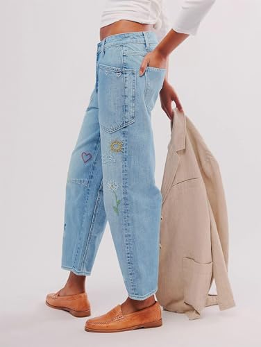 LifeShe Women's Embroidered Barrel Jeans Low Rise Wide Leg Denim Pants Stretchy Baggy Boyfriend Trousers3