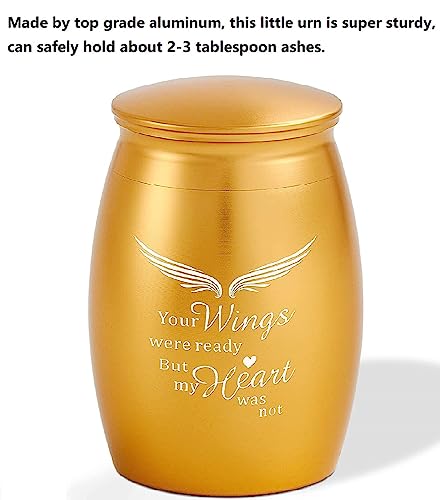 Image of Small Gold Cremation Urn for Human for Women Men with Velvet Bag | 2.6x1.7Inch Aluminum Mini Keepsake Urns for Ashes Adult Male /Female with Angel Wings