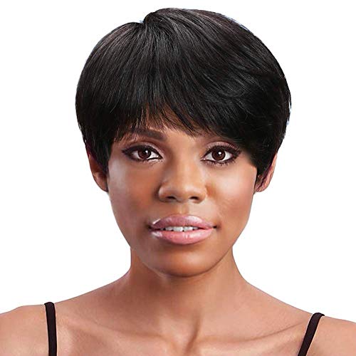 ISHINE Short Wigs Pixie Cut Wigs Human Hair with Bangs Short Layered Wigs 6 Inch 100% Brazilian Human Hair Wigs for Black Women-Natural Black (1B)