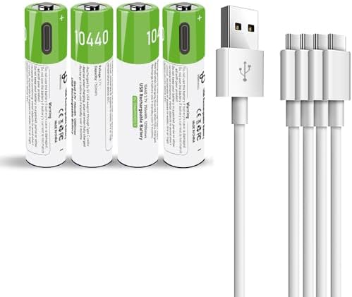CAMELCELL 4 Pack Rechargeable 10440 Batteries, Lithium 10440 Batteries（Not AAA Batteries） Rechargeable Lithium Ion 3.7 Volts 10440 Battery with 4 in 1 USB Type C Charger,750mWh