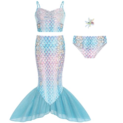 Mermaid Girls Bathing Suit 3Pcs Sequin Top, Bikini Bottoms Fish Tail Swimsuit Kids Beach Pool Swimwear 3-12Y