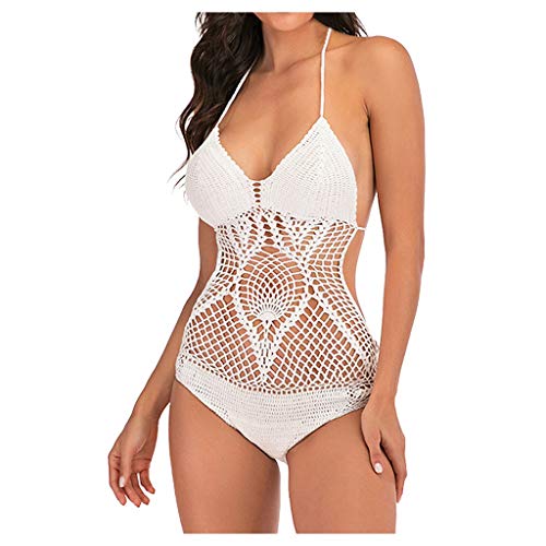 Women's Sexy One Piece Swimsuit Backless Hollow Mesh Crochet Monokini Bathing Suit Beachwear (White, M) #TOP7