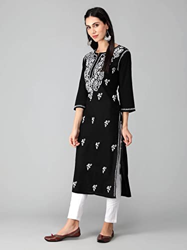 Image of Seva Chikan Hand Embroidered Lucknowi Chikankari Regular Straight Cotton Kurta Kurti for Women SCL4243