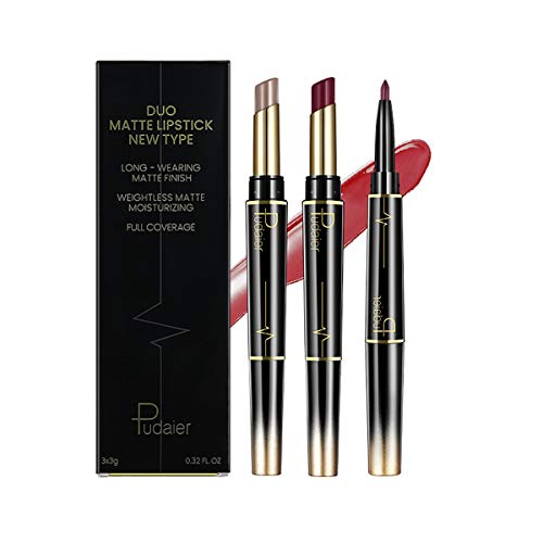 3 Pcs Dual Heads Matte Moist Lipstick Long Lasting Waterproof Mate Lip Liner Pencil Set (Fc 03)