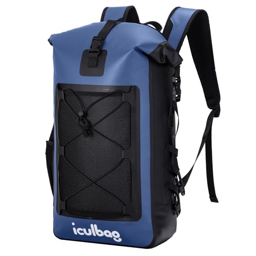 iculbag Mochila impermeável para homens e mulheres 30L Marine Dry Bags Mochila impermeável para viagens, caminhadas, caiaque, acampamento, praia, passeios de barco, top de rolo azul