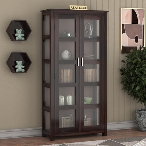 Image of Book Shelf, Wood Book Shelf with Glass Door || Wooden Bookcases for Home Library || Kitchen Crockery Cabinet Storage, Book Rack, Shelves, Book Shelf Walnut Finish