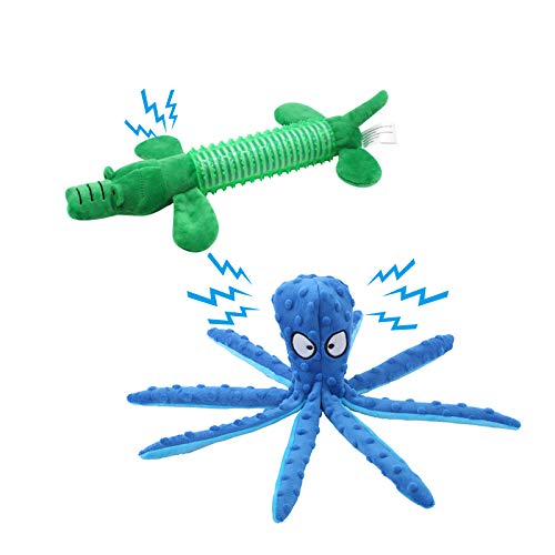 Andiker - Paquete de 2 Juguetes de Peluche para Perros, Juguete en Forma de Pulpo para Perros de Papel Arrugado, Juguete Elefante para Dentición, Juguete Interactivo(Azul) Cover