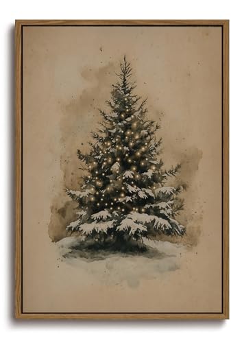 Image of KISSFOX Vintage Christmas Tree Framed Wall Art Watercolor Snowy Canvas Art Rustic Winter Evergreen Tree Paintings Art Prints Modern Farmhouse Pictures Wall Decor For Kitchen Bedroom Living Room