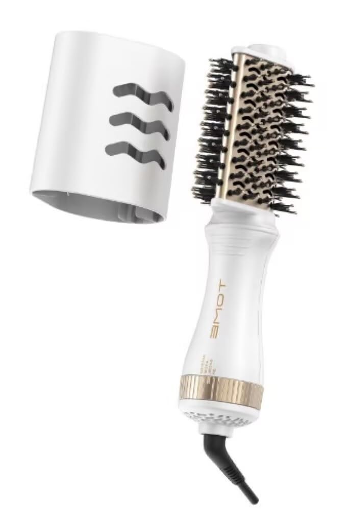 Mini Travel Dual Voltage Hot Air Brush, 2.5 Inch Ceramic Teardrop Blow Dryer Brush, Compact One-Step Hair Dryer Brush for Short to Medium Hair, Smooth Finish & Softly Shaped Ends, White