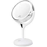 KEDSUM 1X/10X Double Sided Lighted Makeup Mirror, 360 Degree Swivel Tabletop Vanity Mirror,Cosmetic Regular/Magnifying Mirror with Lights, Dimmable Touch Button,Dual Power Supply
