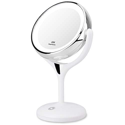 LED Makeup Mirror - 7.9 Inch Lighted Vanity Mirror, KEDSUM 1x/10x Magnifying Double Sided Mirror with Stand, Touch Sensor Dimming, USB Or Battery Operated (Upgraded-White)