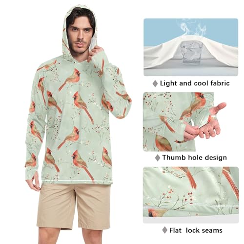 Aesthetic Northern Red Birds Sage Green Mens Sun Hoodies Shirts Long Sleeve Beach Hoodies UPF 50 + Beach Shirt S4