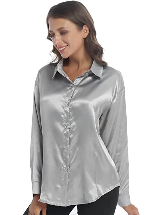 Image of Bowrain Satin Silk Fabric Spread Collar Full Sleeve Top Shirt for Women and Girl
