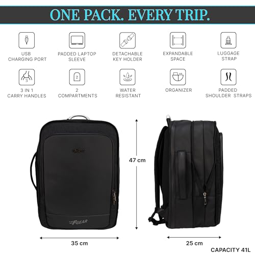 Image of F Gear Lucerne Black 41L Expandable Tech Travel Laptop Backpack|180 Full-Open Laptop Bag|Up to 17-Inch Laptop|Dual Carry Design, USB Charging Port, Luggage Strap|Lightweight Travel Overnighter