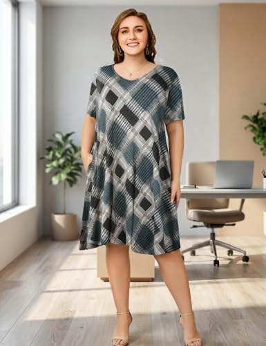 Image of OVERWORETY Womens Short Sleeve Plus Size T-Shirt Dress V Neck Casual Loose Swing A-Line Summer Tunic Dresses with Pockets
