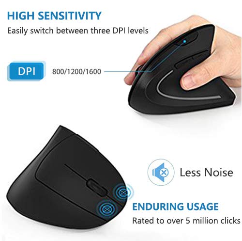 Acedada Ergonomic Mouse, Vertical Wireless Mouse, Rechargeable Optical Ergo Mice, 800/1200 /1600 Dpi, 5 Buttons For Laptop, Desktop, Pc, Macbook - Black #TOP4