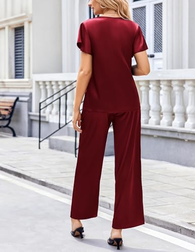 Image of Ekouaer Women's Satin Silky Pajama Set 2 Piece Short Sleeve Shirt with Long Pants Pjs Sets Soft PJ Loungewear S-XXL