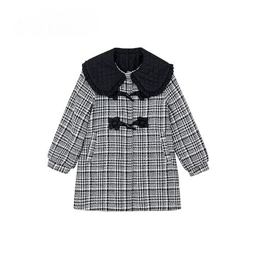 Red Dragonfly Girls' Plaid Wool Blend Coat with Black Collar, Black and White