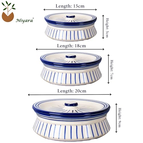 Image of Niyara Premium Ceramic Casserole /Donga Set with Lids - Handcrafted Serving Bowls for Hot Food, Microwave & Dishwasher Safe - Set of 3, Sizes: 1000ML, 650ML, 550ML (Blue line design)