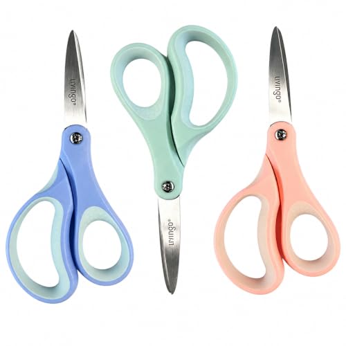 LIVINGO Kids Scissors 6 Inch 3 Pack Soft Blue Mint Green Peach Pink