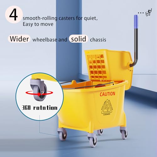 Image of Commercial Mop Bucket with Side Press Wringer on Wheels,Industrial Heavy Duty Mop ldeal for Household and Public Places Floor,35-Quart(Yellow)