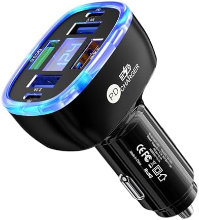 Unigilix Multi-Port Smart Car Charger with Digital Display Super/PD/3USB Outputs Compact Fireproof PC Design DC 12V-24V Compatibility Dual PD/USB Fast Charging